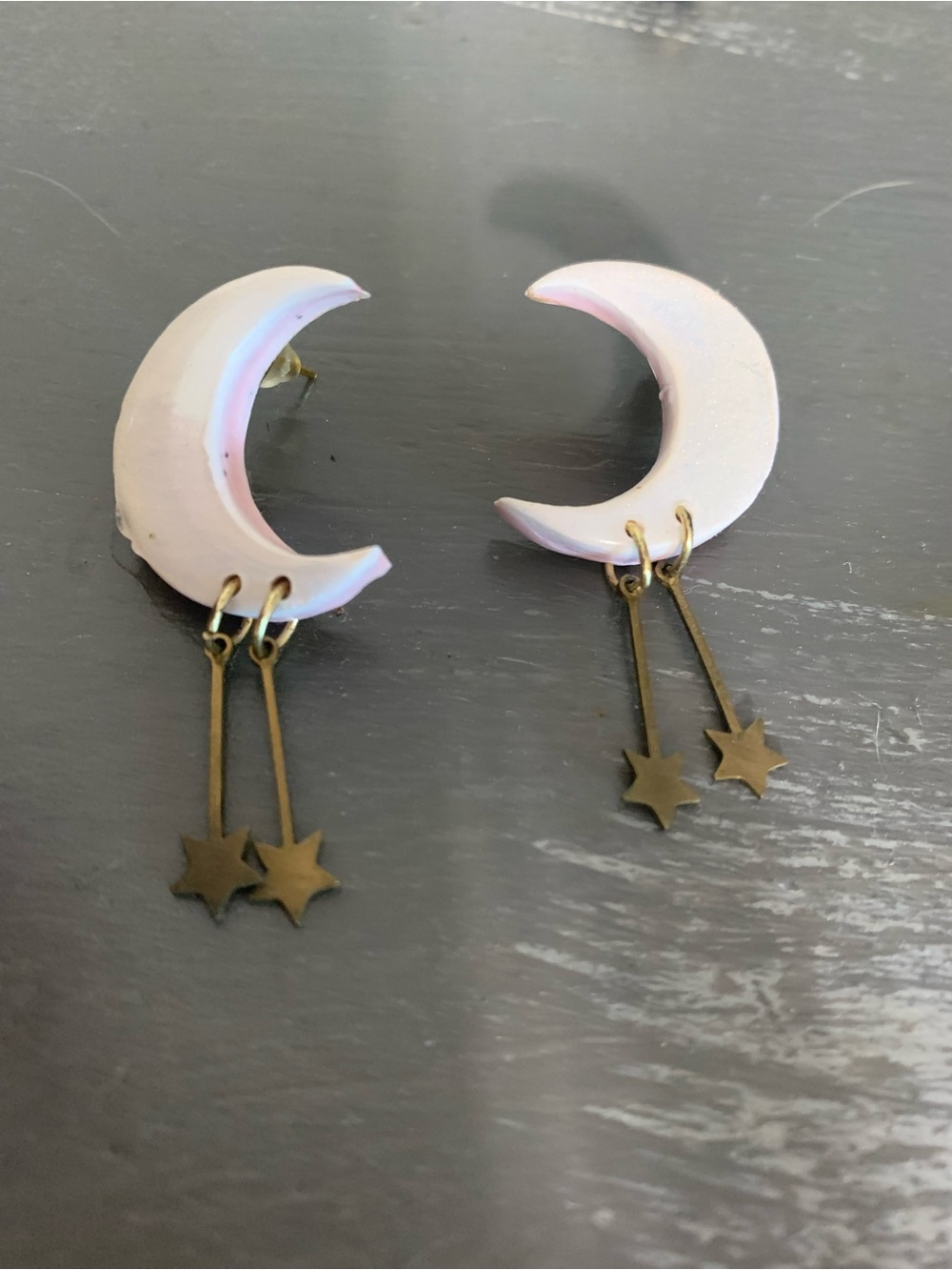 Handmade Crescent Moon Star Drop Earrings - White & Pale Pink